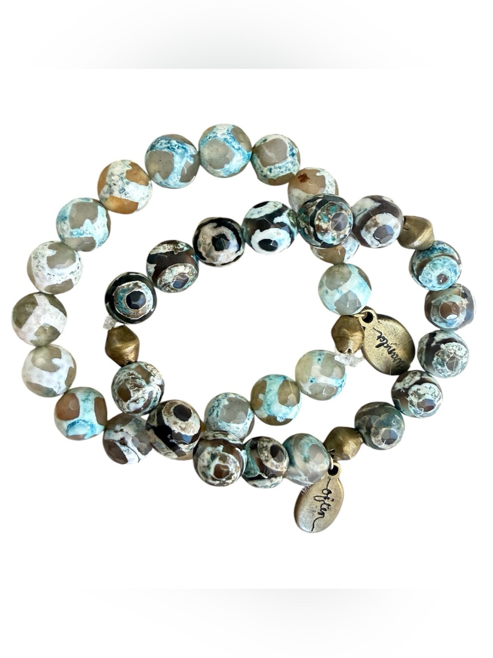 Often Wander Faceted Agate Beaded Stretch Bracelet Set 2 EUC Boho Earth